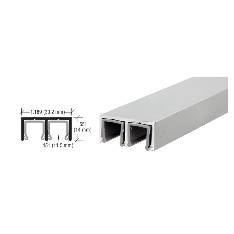 A technical diagram and perspective view of the satin anodized aluminum double upper channel with plastic lining.