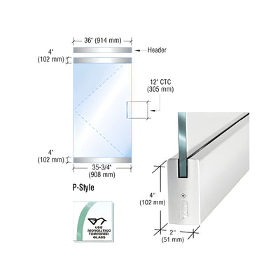 CRL Dry Glazed Frameless Glass 3'-0" P-Style Polished Stainless Single Door Complete Entrance Kit - without Lock