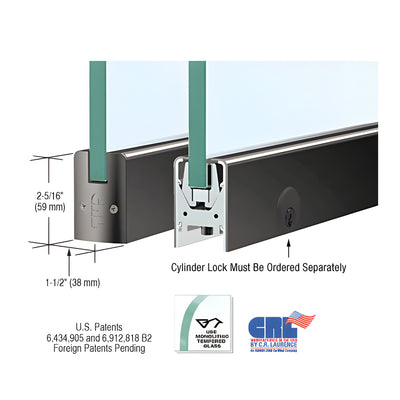 Black Powder Coated Low Profile Square DRS Door Patch Rail With Lock for 3/8" Glass - 8" Length