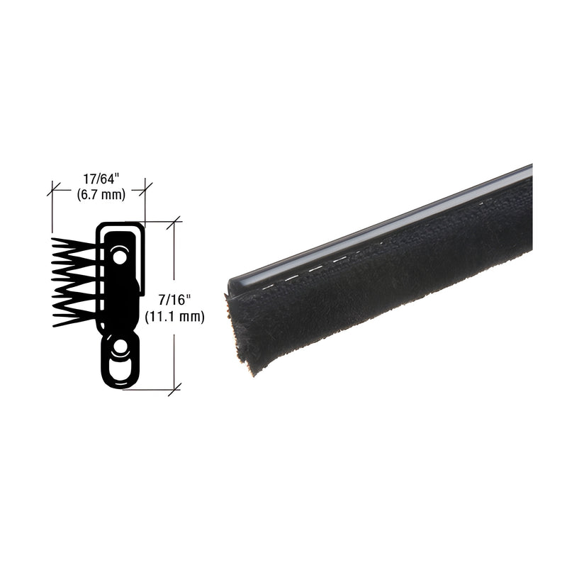 A technical diagram and a close-up view of the black flexible weatherstrip showing its 7/16 inch height and 17/64 inch width dimensions.