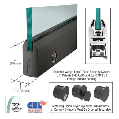 CRL Black Bronze 3/4" Glass 4" Tapered Door Rail With Lock - Custom Length