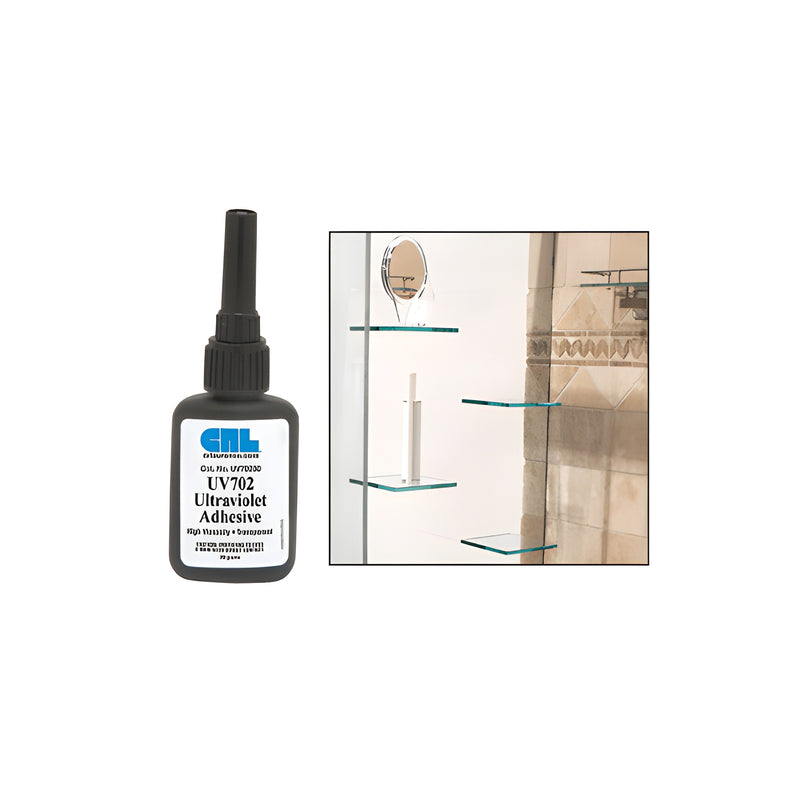 A bottle of CRL UV702 high viscosity UV adhesive is shown next to glass shelves bonded with the product.