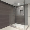 A modern walk-in shower enclosure featuring the Bristol Series sliding door system with polished stainless steel hardware.