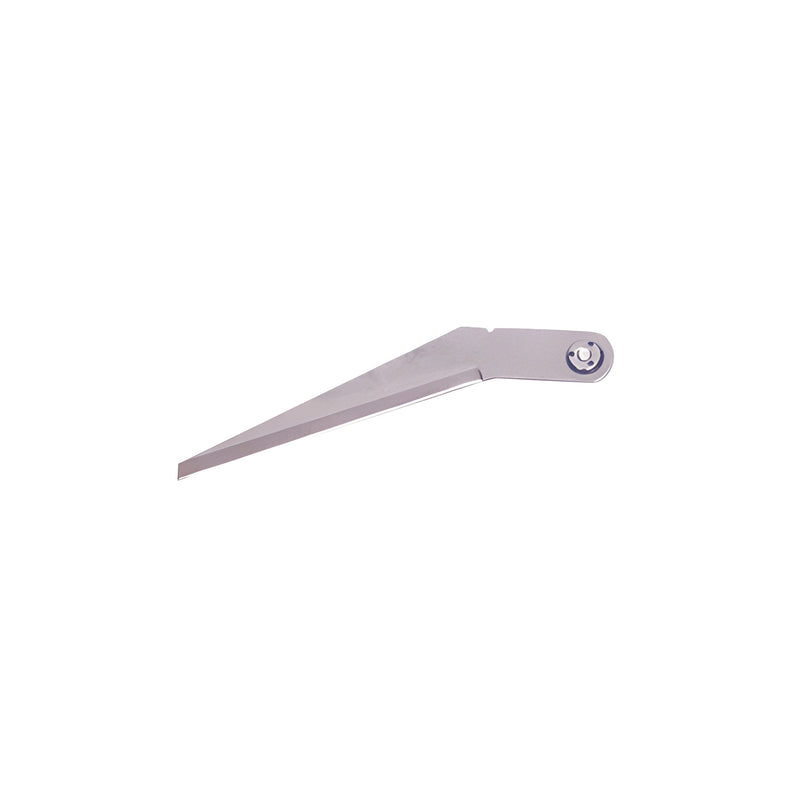 A 4-1/2 inch angled metal knife blade with a straight edge designed for windshield cutout applications.