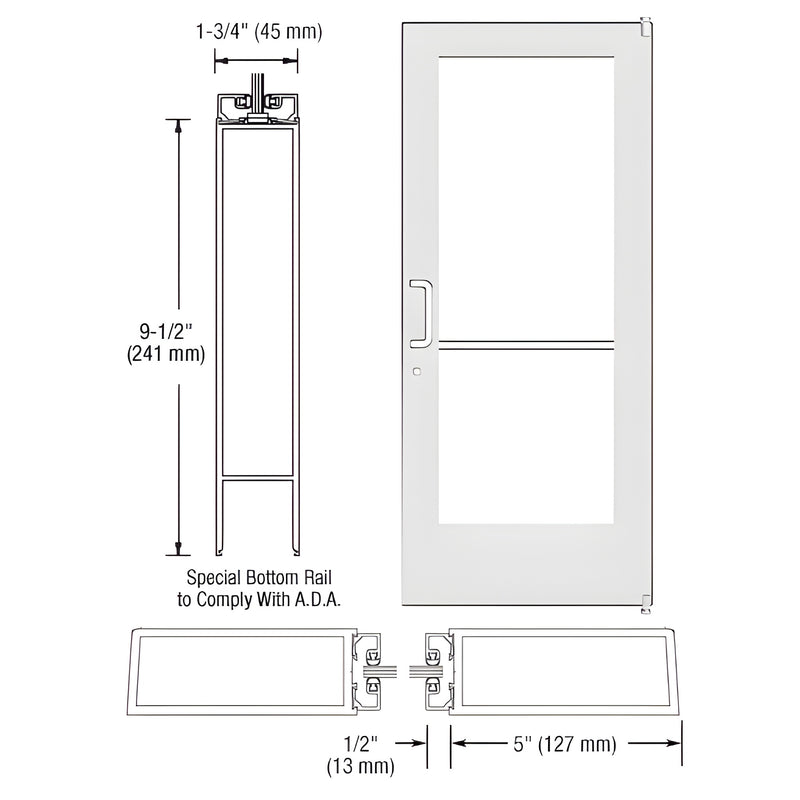 Technical diagram showing the profile and dimensions of a Series 550 wide stile offset pivot entrance door with an ADA-compliant bottom rail.