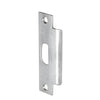 A brushed stainless steel lever lockset strike plate shown from an angled perspective.