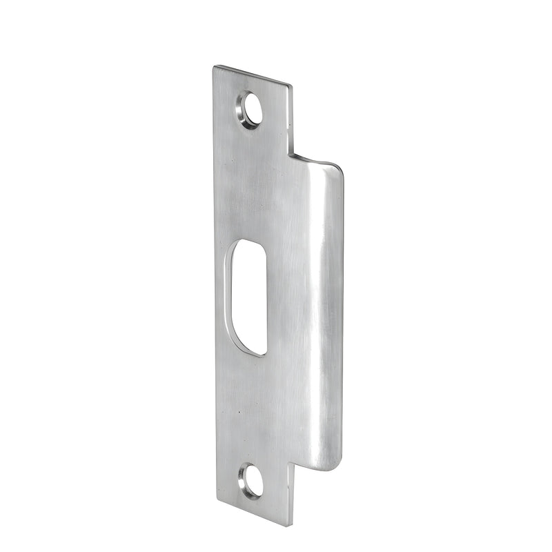 A brushed stainless steel lever lockset strike plate shown from an angled perspective.