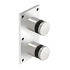 A polished 316 stainless steel glass rail standoff fitting with a rectangular mounting plate and two cylindrical caps.