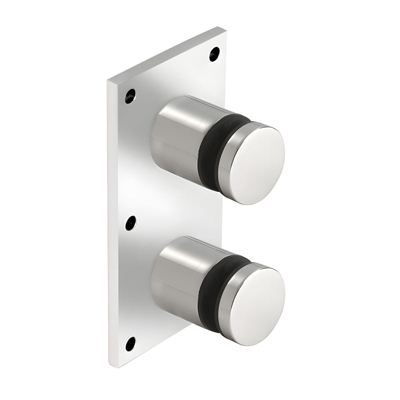 A polished 316 stainless steel glass rail standoff fitting with a rectangular mounting plate and two cylindrical caps.