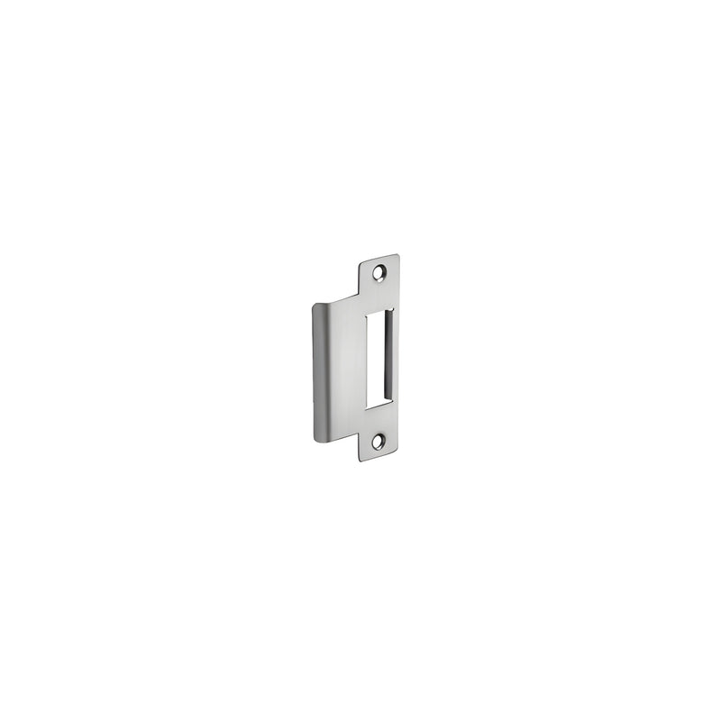A rectangular aluminum strike plate with two mounting holes and a central cutout for a latch bolt.