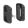 A black plastic sliding screen door latch and pull set with a steel latch mechanism.