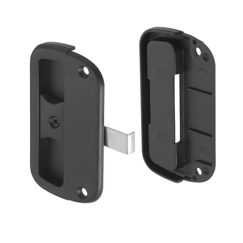 A black plastic sliding screen door latch and pull set with a steel latch mechanism.