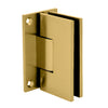 A satin brass wall mount hinge from the Victoria series shown at an angle.