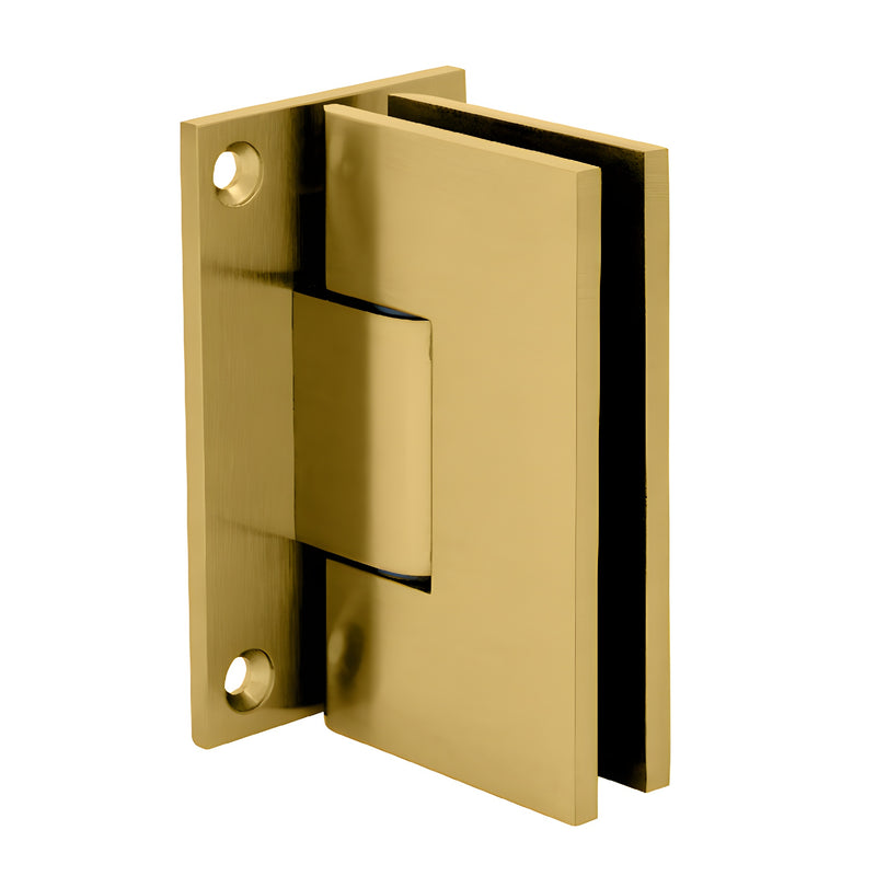 A satin brass wall mount hinge from the Victoria series shown at an angle.