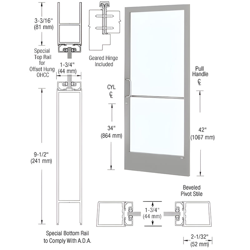 Technical diagram showing the profile dimensions and assembly of a clear anodized aluminum narrow stile entrance door with a geared hinge.