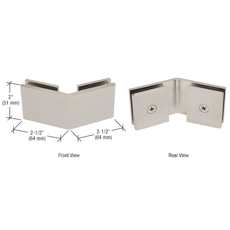 Front and rear views of a brushed nickel 135-degree square glass-to-glass clamp with dimension labels.