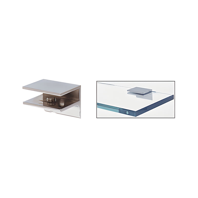 A polished chrome square shower shelf clamp with a support leg is shown alone and installed on a glass shelf.
