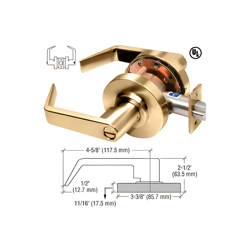 A polished brass heavy-duty privacy lever lockset shown with its technical dimension diagram and UL certification mark.