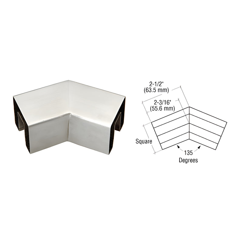 A brushed stainless steel 135-degree horizontal corner connector for square glass cap railing shown next to a technical dimension diagram.