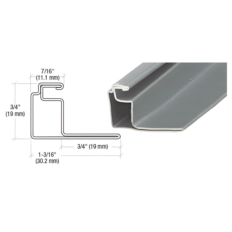 A technical diagram and close-up view of the gray roll formed aluminum standoff screen frame showing its profile dimensions.