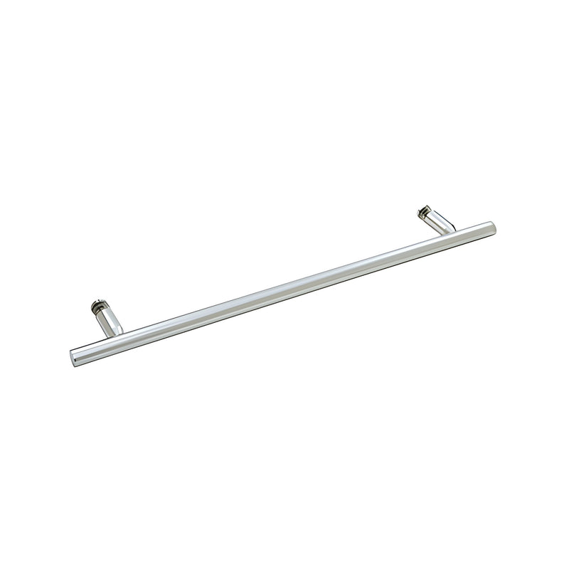 A polished chrome ladder-style towel bar designed for glass-mounted shower enclosures.
