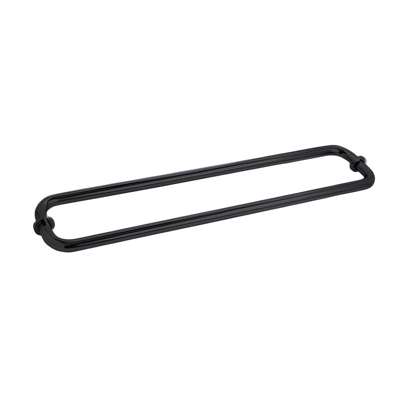 A matte black 24-inch back-to-back tubular towel bar designed for glass mounting.