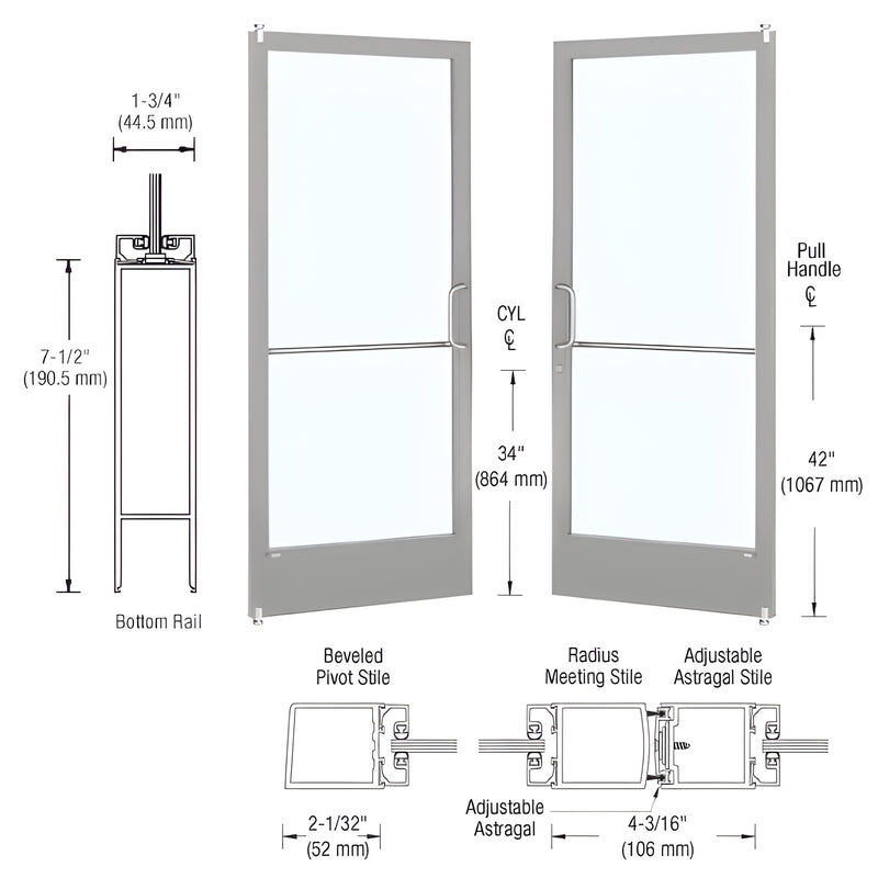 Technical diagram showing a pair of narrow stile offset pivot entrance doors with clear anodized finish and detailed cross-section views of the rails and stiles.
