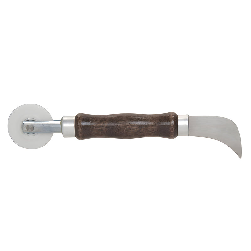 A CRL combo screen roller and cutter tool featuring a 2-inch nylon wheel and a curved cutting blade with a wooden handle.