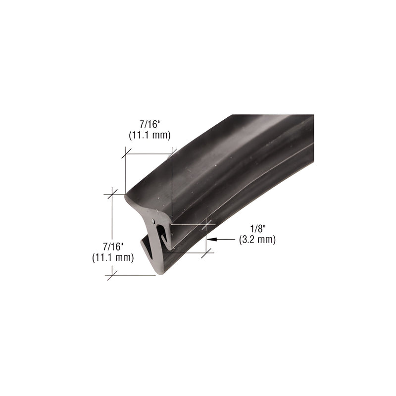 A close-up view of a black EPDM roll-in gasket showing its profile dimensions in inches and millimeters.