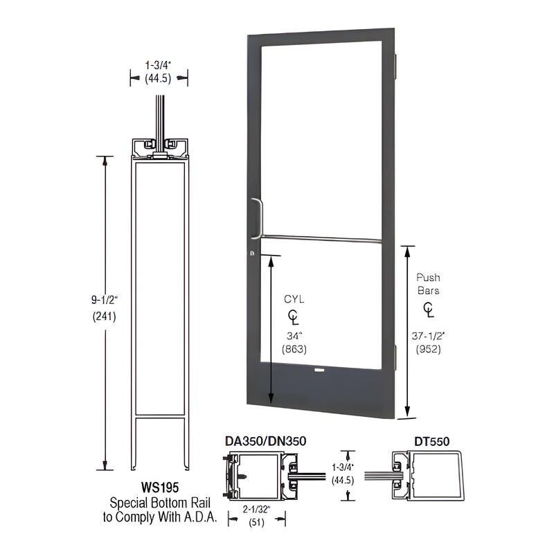 Technical diagram showing the dimensions and profile of a 250 Series narrow stile active leaf door with a 9-1/2 inch bottom rail.