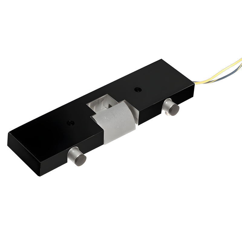 A matte black aluminum electric strike keeper for single stile doors featuring exposed wiring and mounting pins.