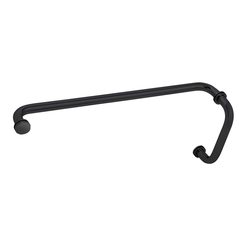 A matte black CRL BM Series combination pull handle and towel bar with metal washers for glass mounting.