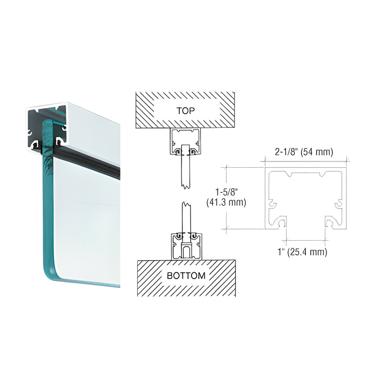 A technical diagram and 3D render showing a satin anodized wide U-channel profile used for mounting 3/4 inch glass panels.