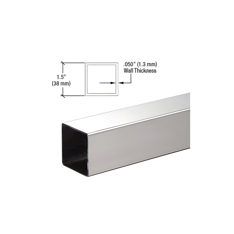 A section of polished stainless steel square tubing shown with a technical diagram indicating 1.5-inch width and 0.050-inch wall thickness.