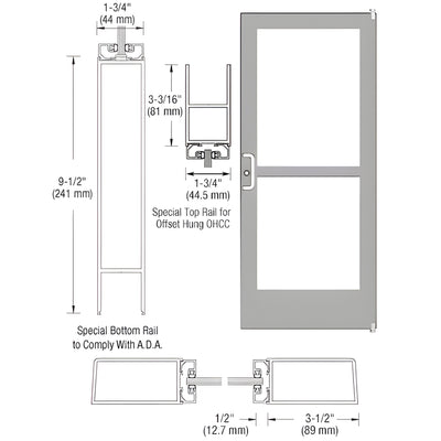 CRL-U.S. Aluminum Clear Anodized Custom Single Series 400 Medium Stile Offset Pivot Entrance Door With Panic for Overhead Concealed Door Closer
