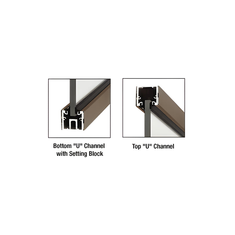 A close-up view showing the oil rubbed bronze aluminum U-channel profile with glass panels installed in both bottom and top configurations.