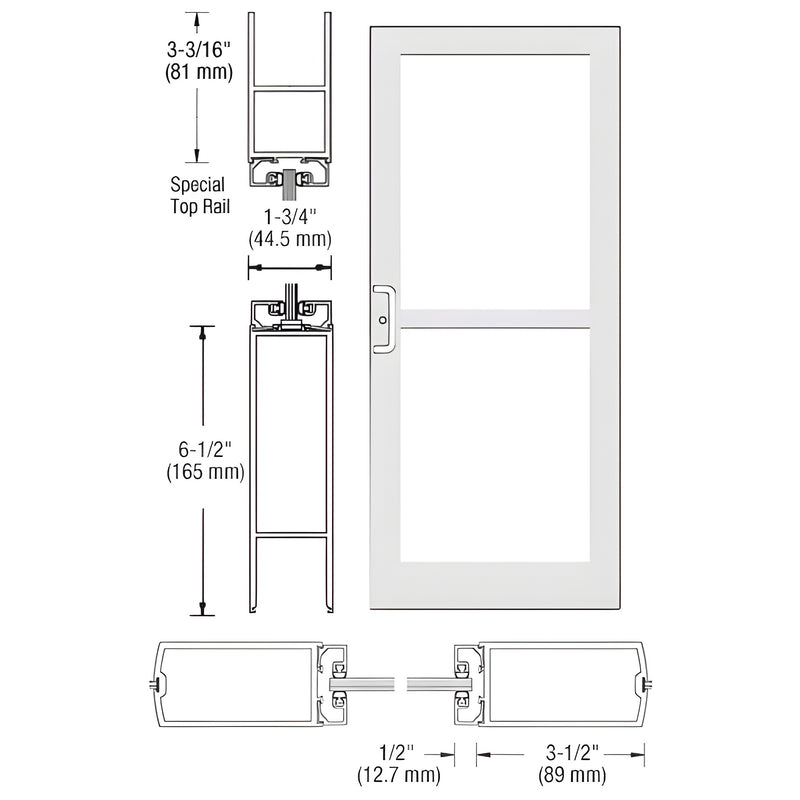 Technical diagram showing the profile dimensions and elevation of a Series 400 medium stile center pivot entrance door.