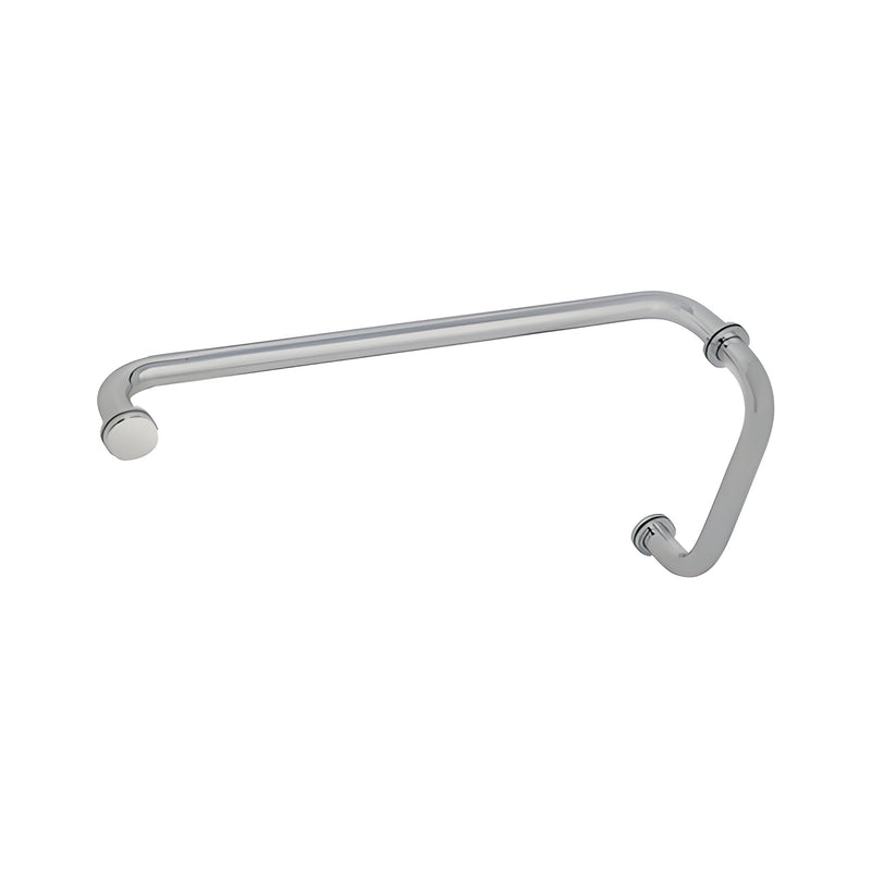 A brushed nickel BM series combination pull handle and 20-inch towel bar with metal washers for glass mounting.