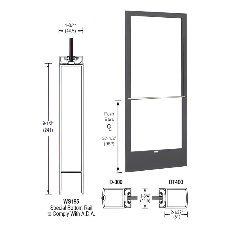 Technical diagram showing the profile and dimensions of a 250 Series narrow stile inactive door leaf with a black bronze anodized finish.