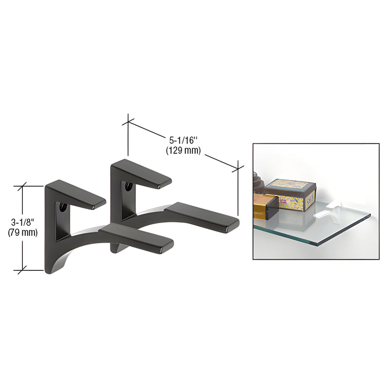 Two gloss black aluminum shelf brackets shown with dimension lines and an inset photo of a bracket supporting a glass shelf.
