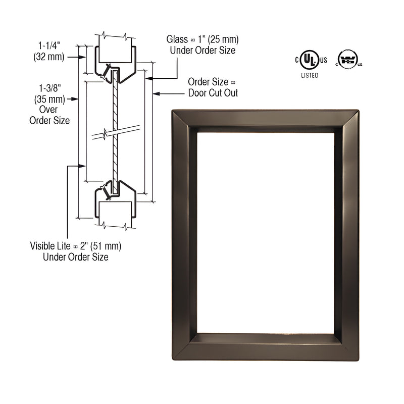 A bronze 24" x 60" door vision lite frame shown next to a technical diagram illustrating installation dimensions and glass fitment.