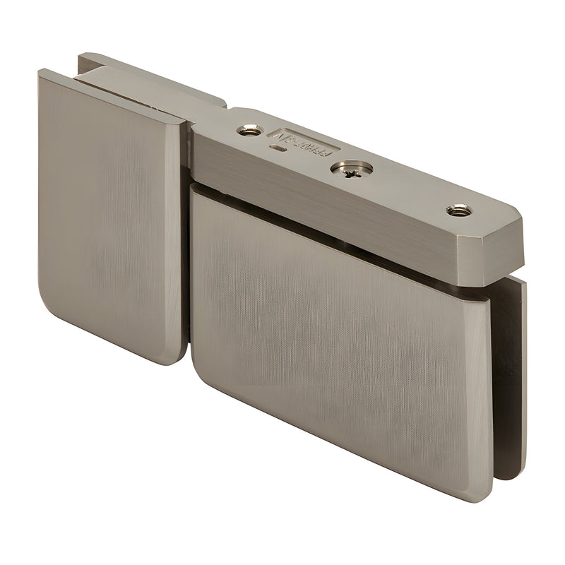 An angled view of the brushed nickel Prima pivot hinge showing the attached U-clamp and beveled edge profile.