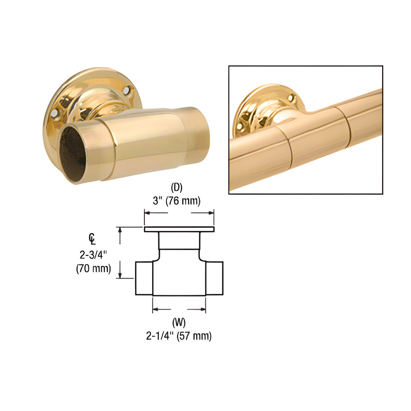 A polished brass flush wall mount tee fitting for 1-1/2 inch tubing shown with a technical dimension diagram.