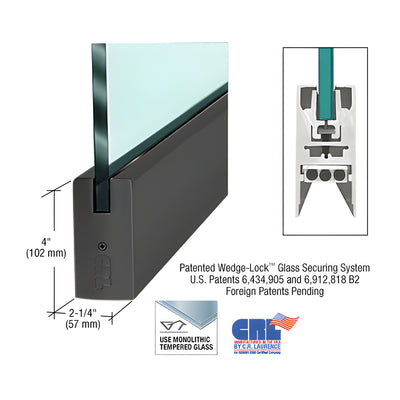 CRL Matte Black 1/2" Glass 4" Square Door Rail Without Lock - 41" Length