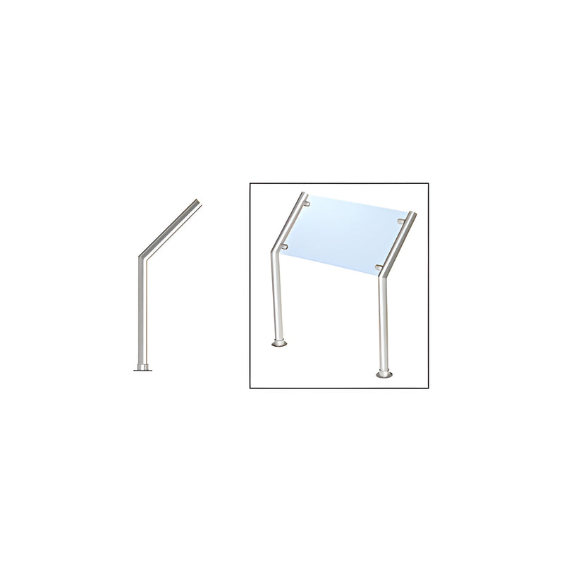A technical illustration showing a polished stainless steel slant-only sneeze guard post and a complete assembly with glass.