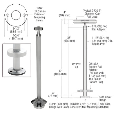CRL Brushed Stainless 42" CRS Stainless Steel 90º Corner Post Kit