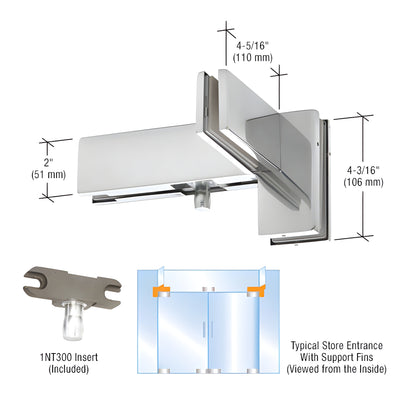 DORMAKABA® Polished Stainless Right Hand Sidelite Mounted Transom Patch Fitting with Support Fin Bracket