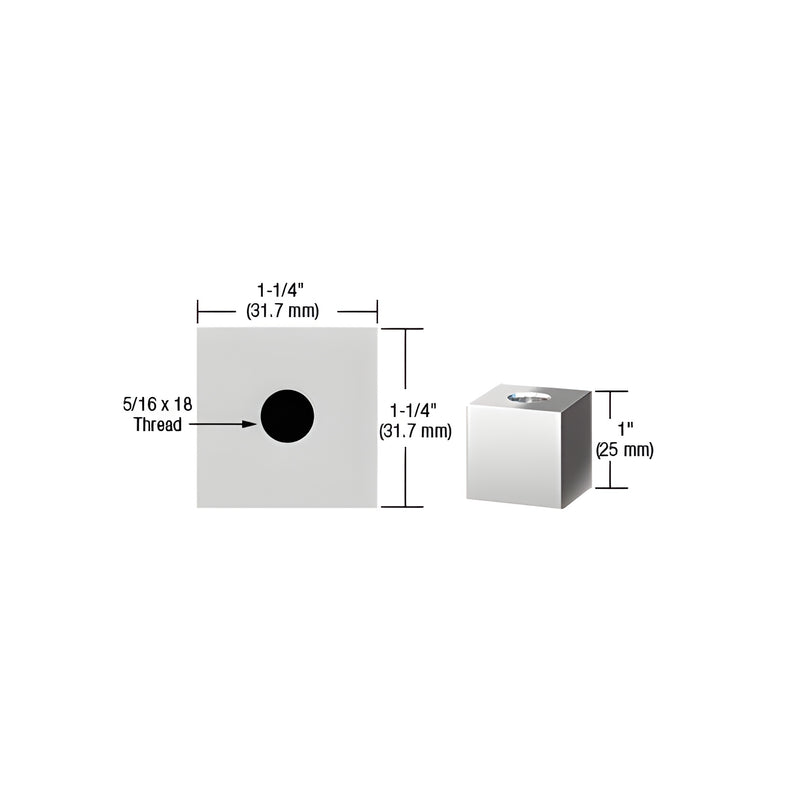 A technical diagram and perspective view showing the dimensions of a 1-1/4 inch square brass standoff base with a polished chrome finish.