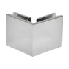 A polished chrome square 90-degree glass-to-glass clamp shown from the exterior corner angle.
