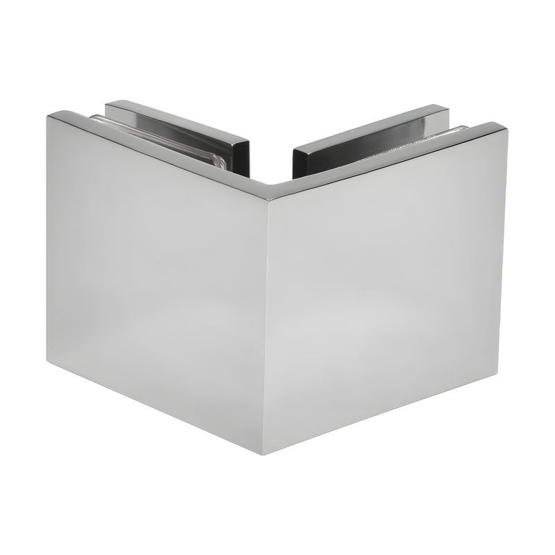 A polished chrome square 90-degree glass-to-glass clamp shown from the exterior corner angle.